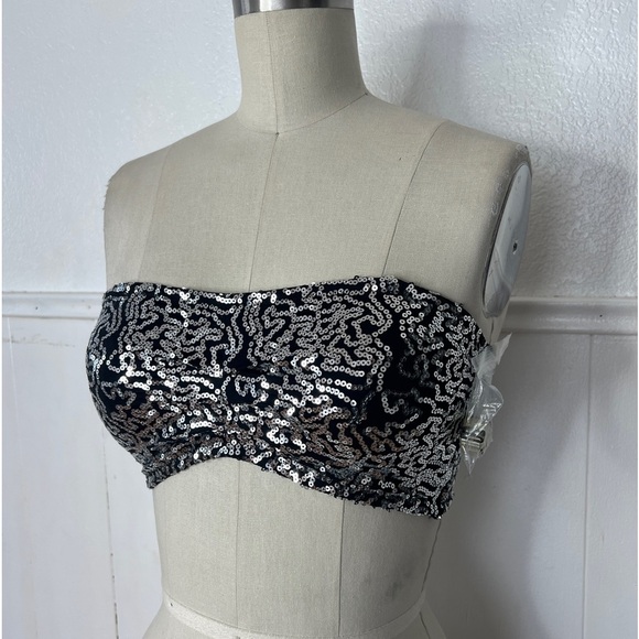 New vintage retro silver sparkle sequin black stretch bralette top M - Picture 2 of 6